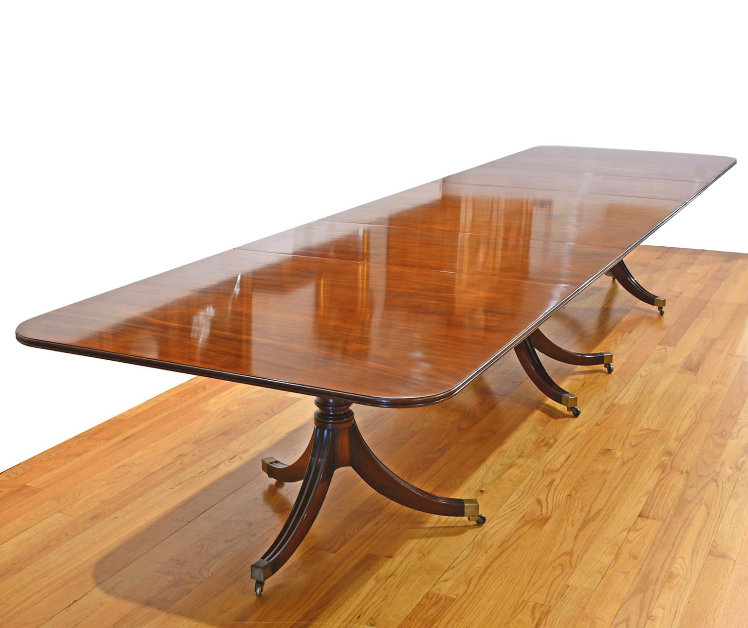 Regency 15' Antique English Banquet Dining Table in Mahogany w/ 3 Pedestals & 2 Leaves