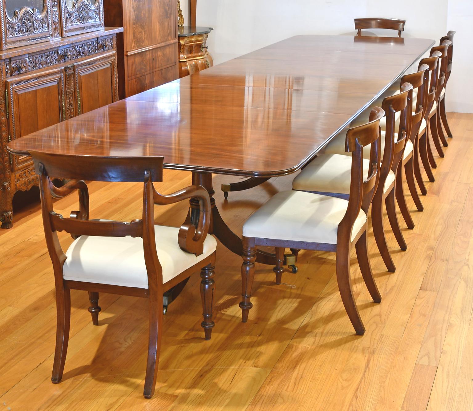 Polished 15' Antique English Banquet Dining Table in Mahogany w/ 3 Pedestals & 2 Leaves