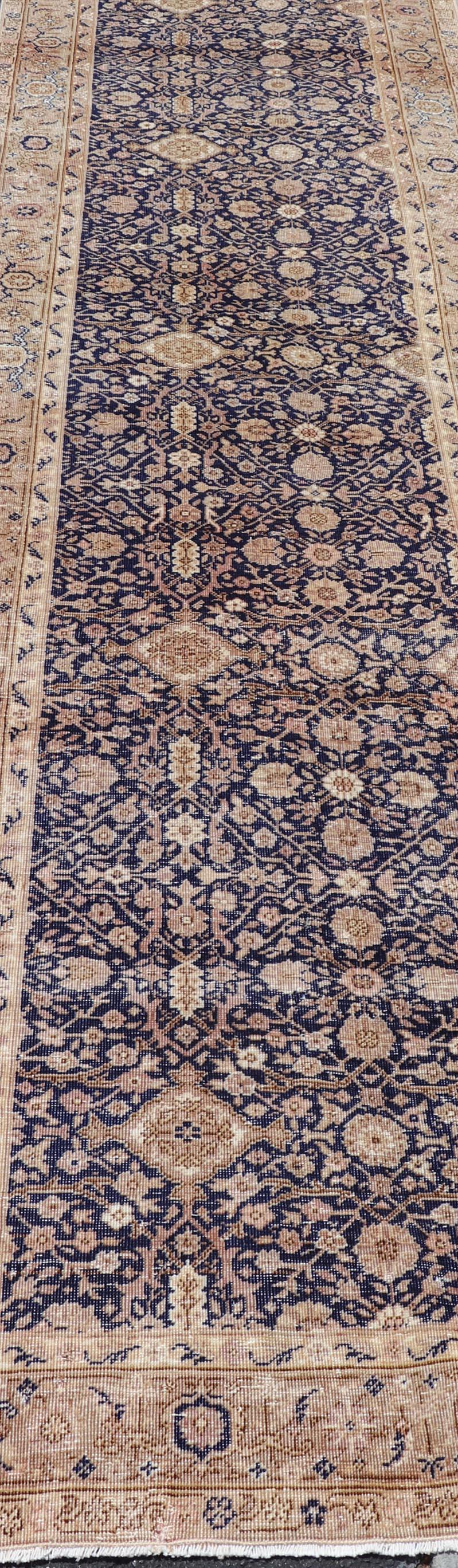 Oushak Long Antique Fine Turkish Sivas Runner with Blue Background and Earthy Tones For Sale