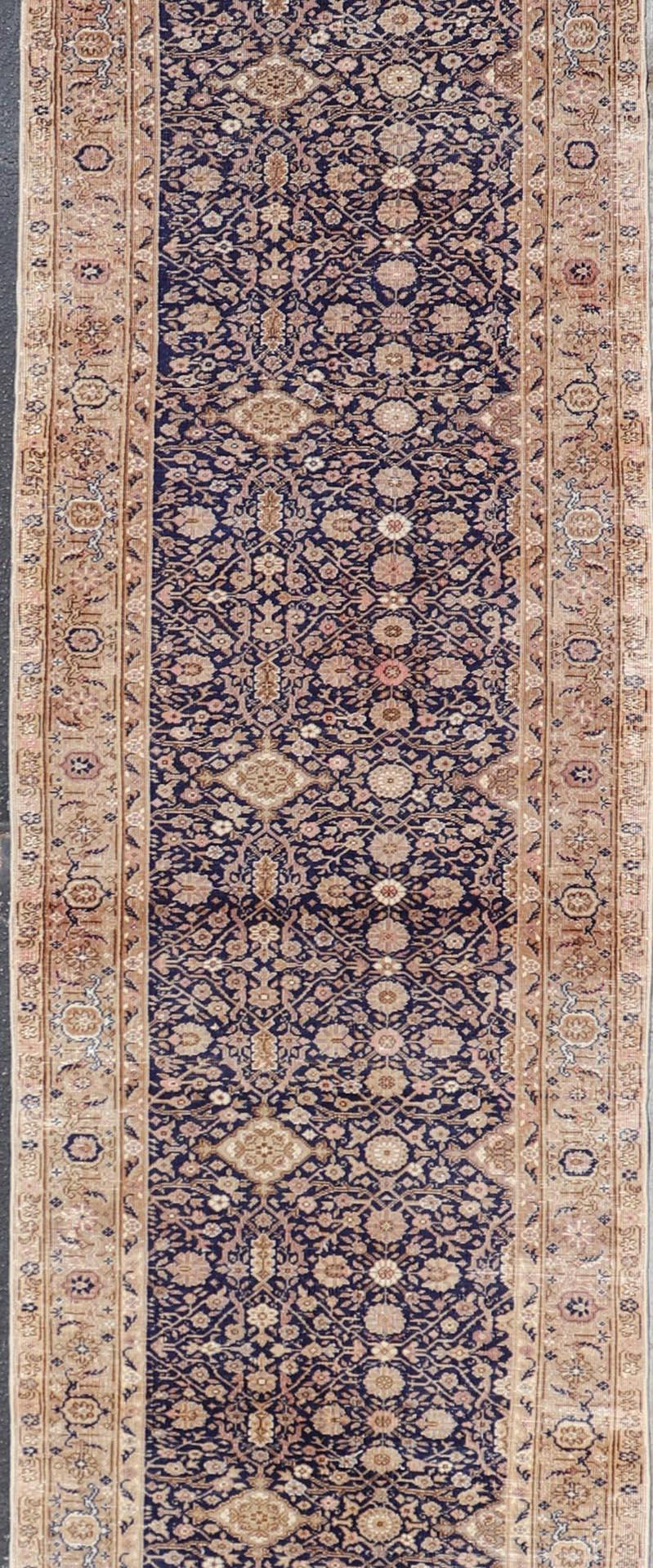 Long Antique Fine Turkish Sivas Runner with Blue Background and Earthy Tones In Good Condition For Sale In Atlanta, GA