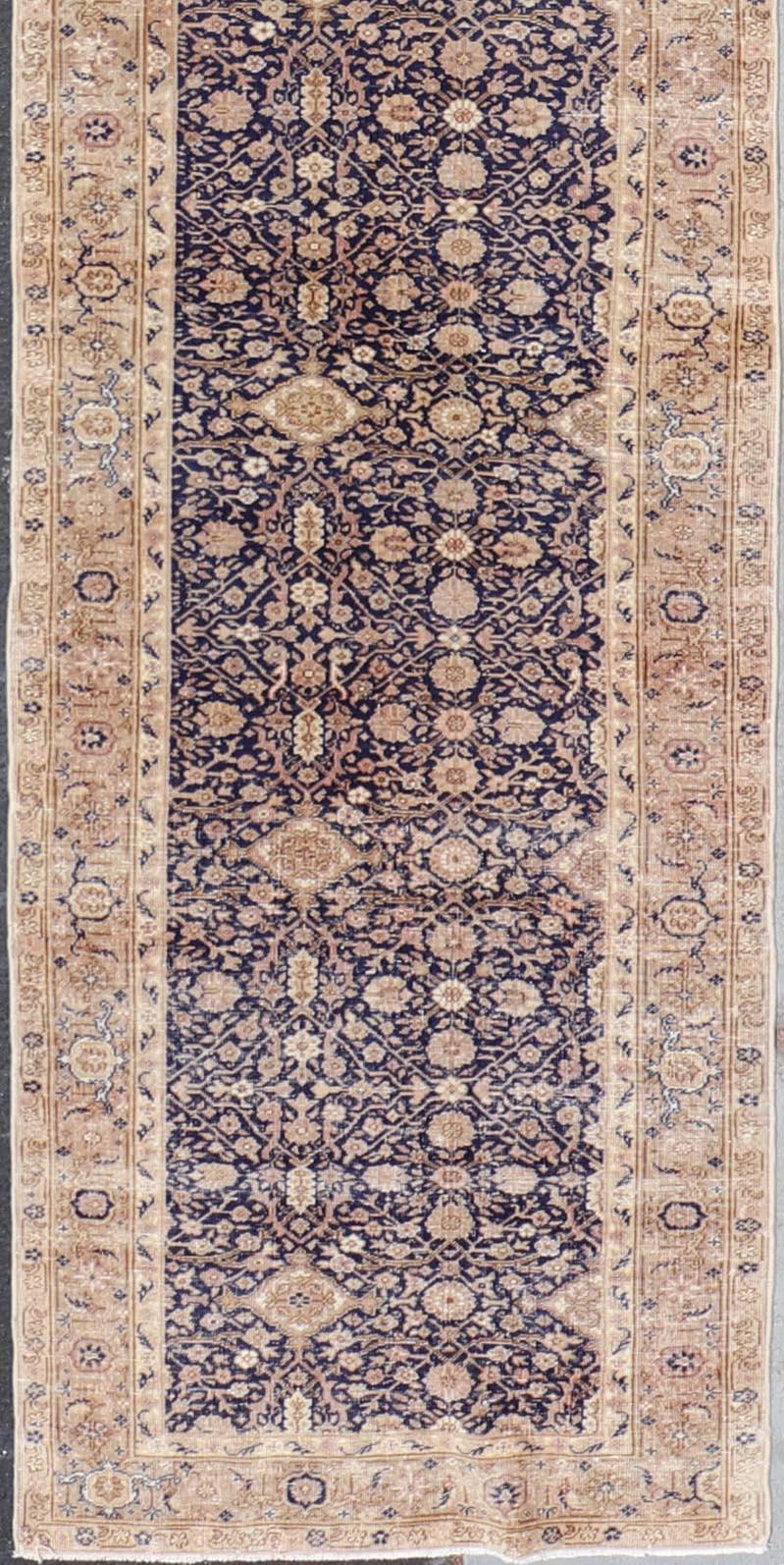 20th Century Long Antique Fine Turkish Sivas Runner with Blue Background and Earthy Tones For Sale