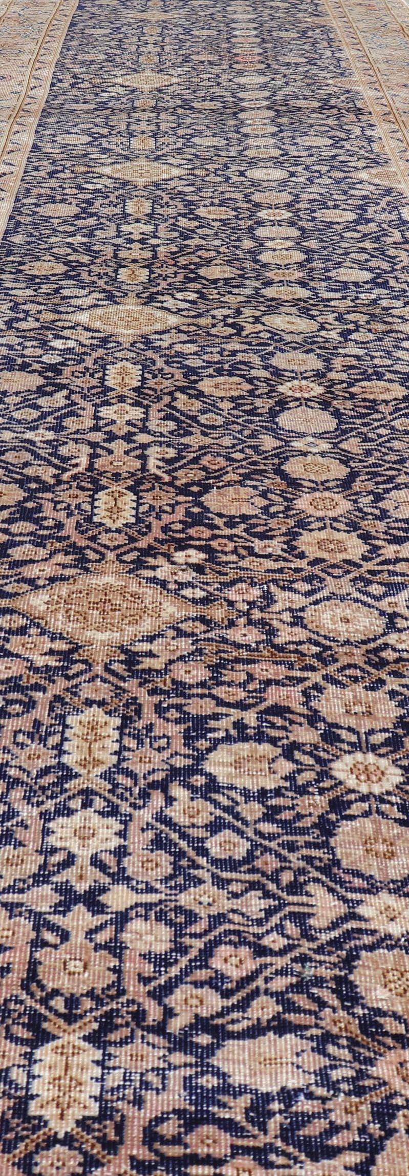 Long Antique Fine Turkish Sivas Runner with Blue Background and Earthy Tones For Sale 1