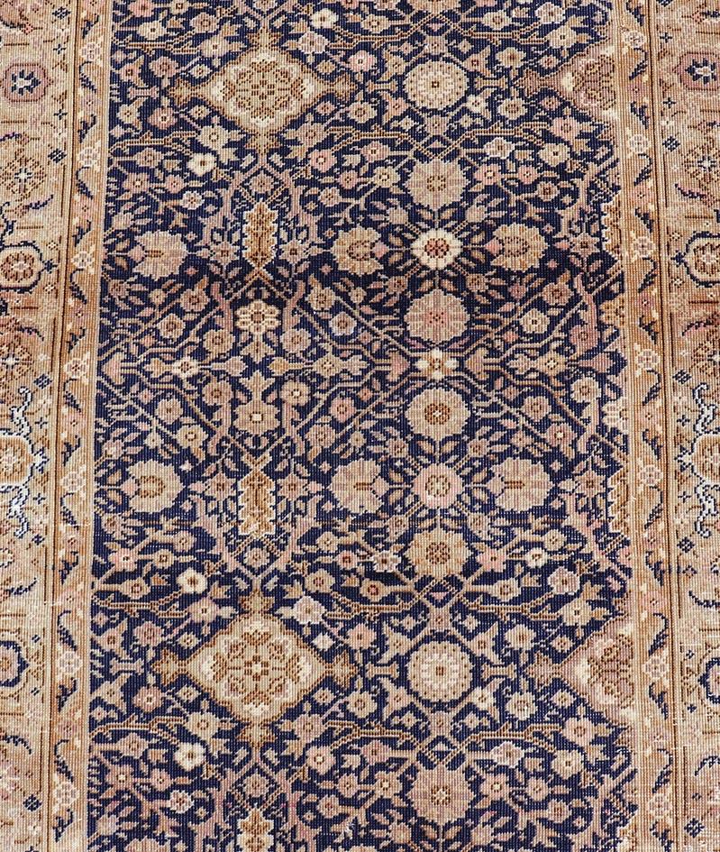 Long Antique Fine Turkish Sivas Runner with Blue Background and Earthy Tones For Sale 2
