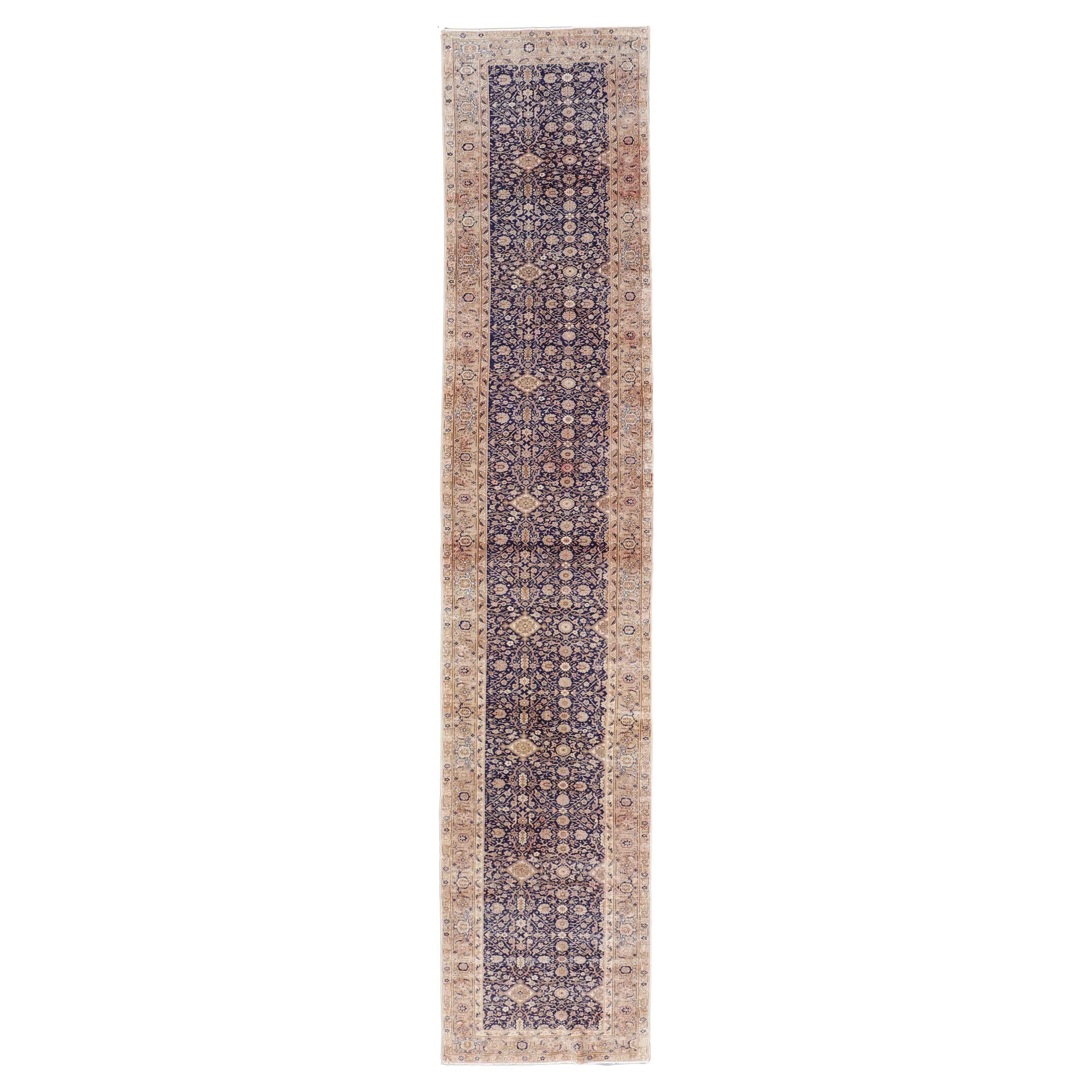 Long Antique Fine Turkish Sivas Runner with Blue Background and Earthy Tones