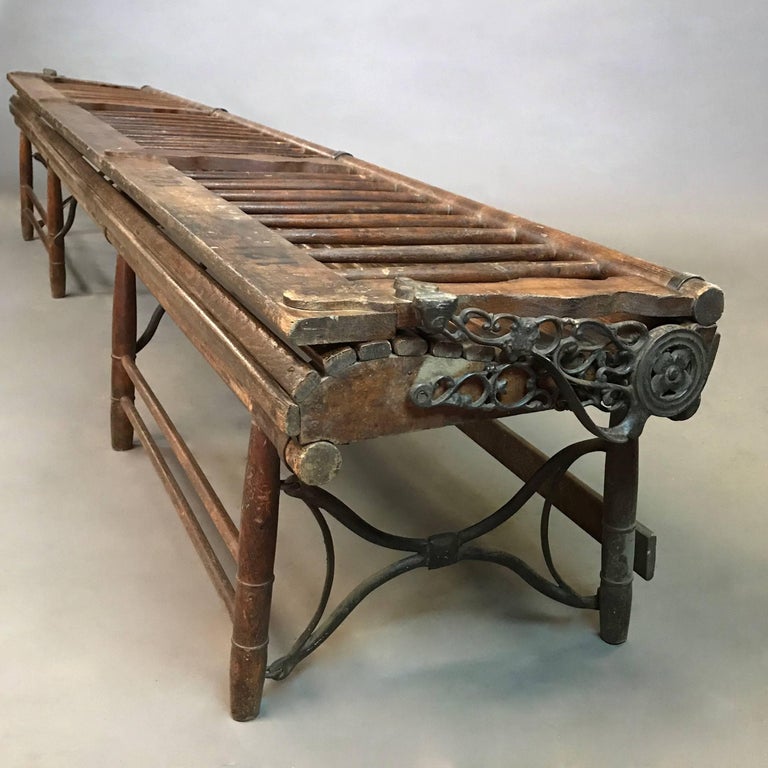 Long Antique Folding Oak and Cast Iron Gym Bench at 1stDibs