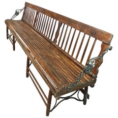 Long Antique Folding Oak and Cast Iron Gym Bench