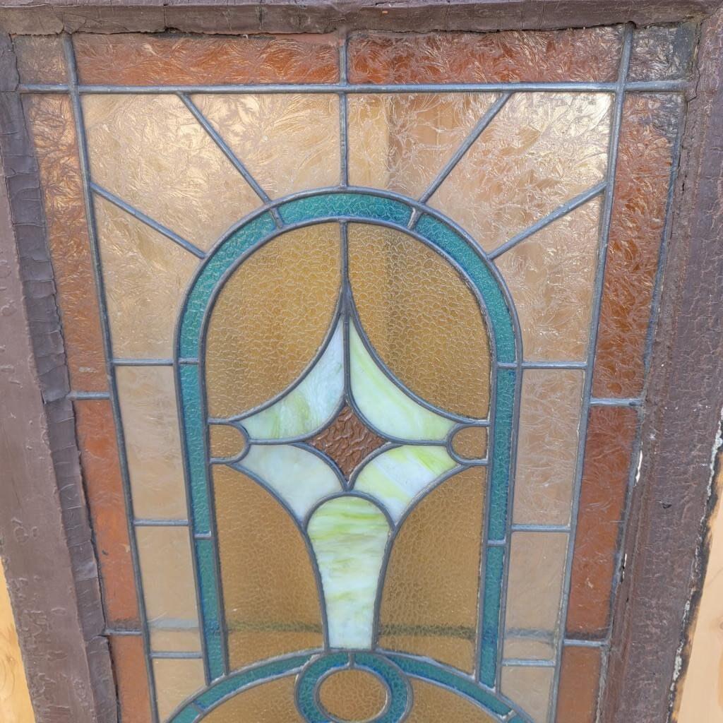 Art Nouveau Long Antique Geometric-Patterned Stained Glass Window