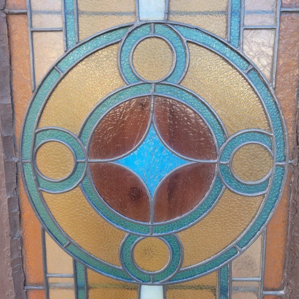 Unknown Long Antique Geometric-Patterned Stained Glass Window