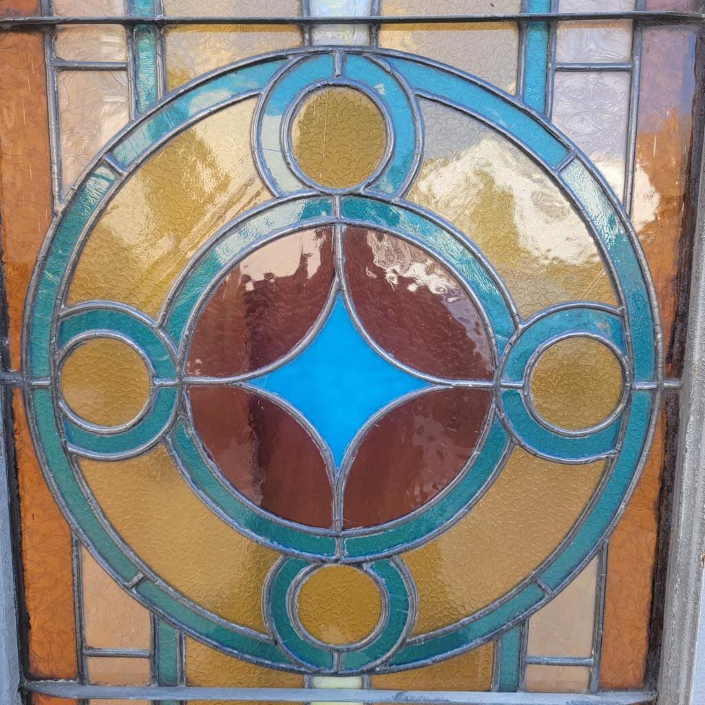 Long Antique Geometric-Patterned Stained Glass Window In Good Condition In Chicago, IL