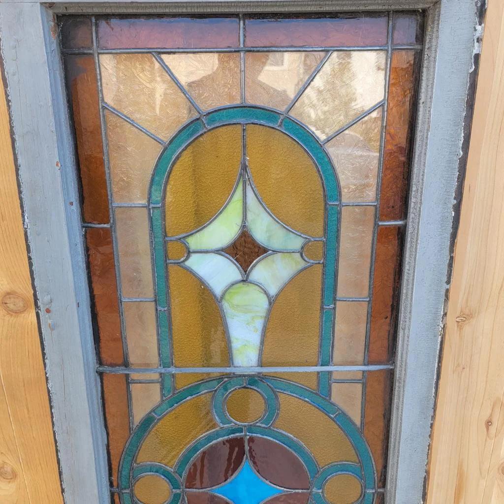 Long Antique Geometric-Patterned Stained Glass Window 1