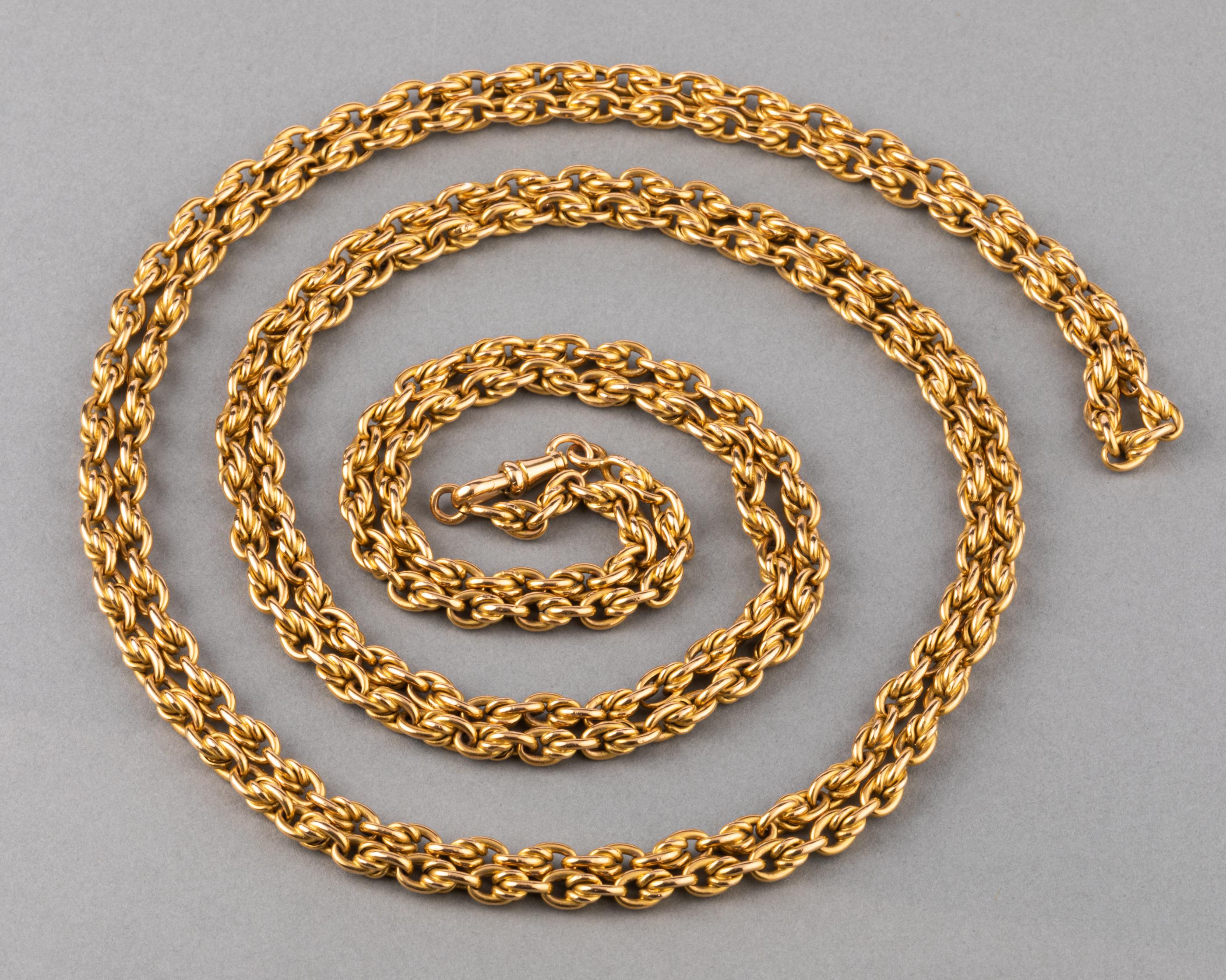 Very beautiful chain, made in France circa 1900.

The chain is long, 160 cm or 64 inches. The weight is 45.8 grams.
Made in yellow gold 18k, multiple marks for gold: the eagle head and Rhinoceros head.
The chain has presence, 4mm thick.
In very good