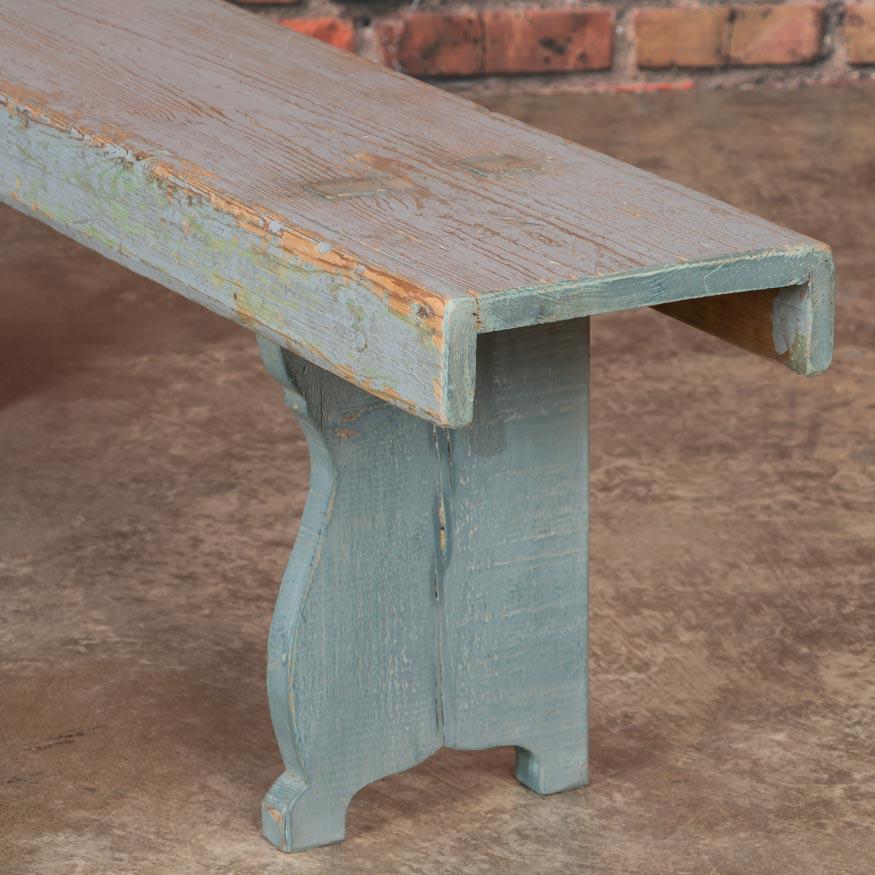 Long Antique Gray Painted Country Pine Bench In Good Condition In Round Top, TX