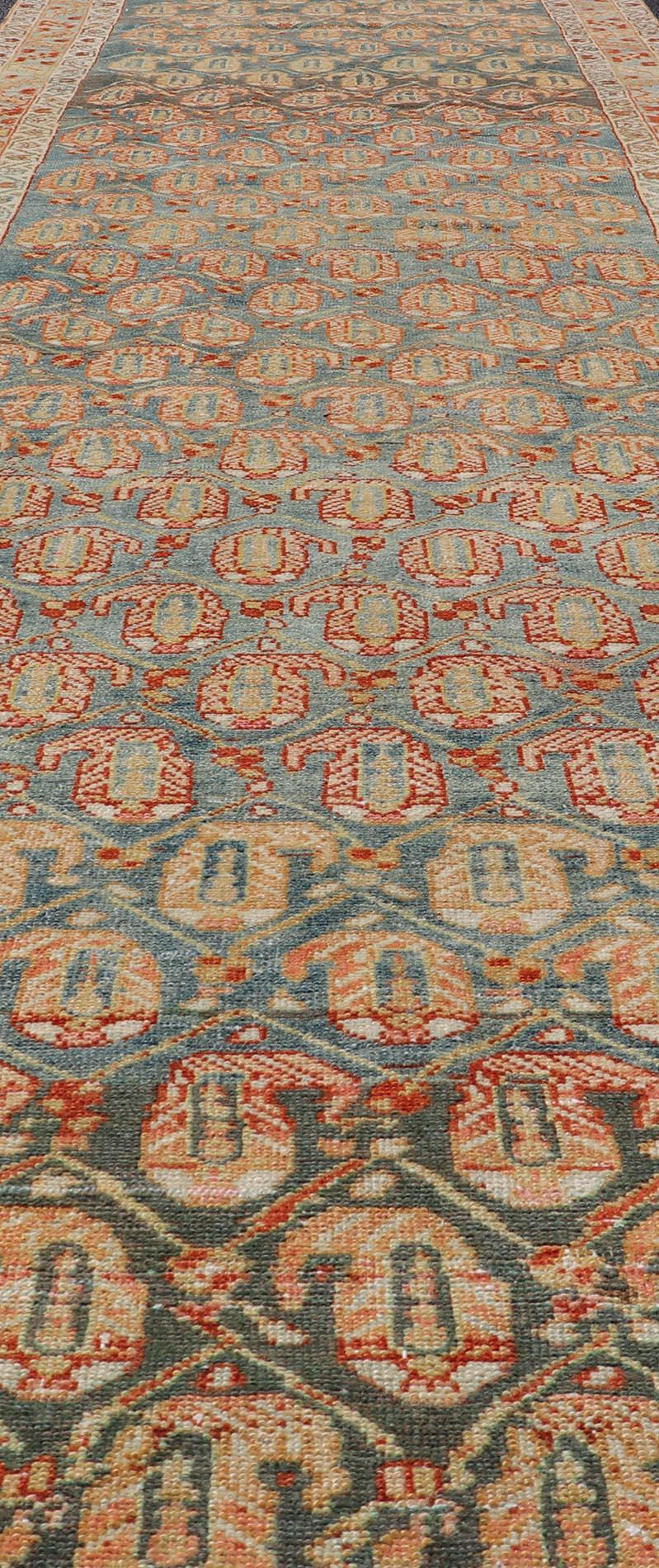 Long Antique Hand-Knotted Persian Malayer Runner in Wool with All-Over Design For Sale 6