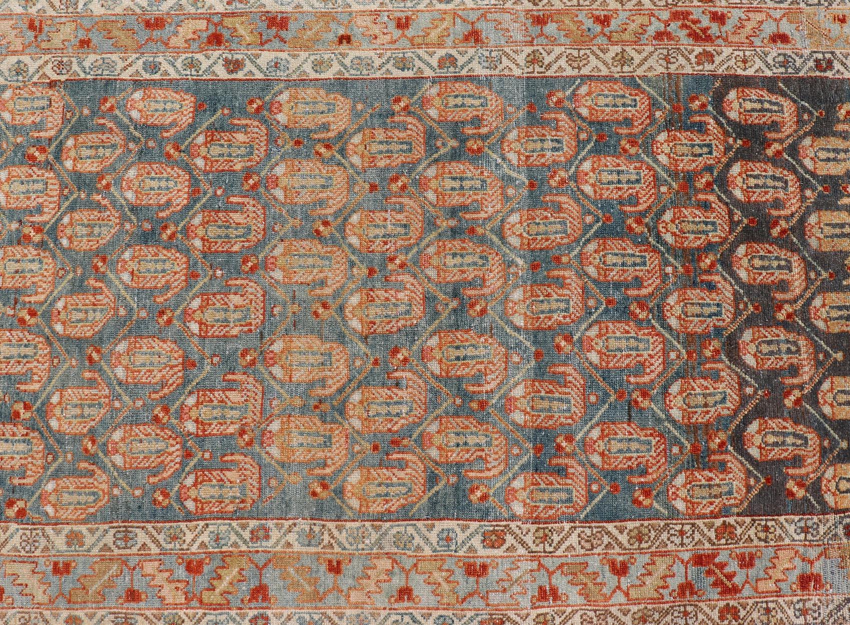 Long Antique Hand-Knotted Persian Malayer Runner in Wool with All-Over Design For Sale 7