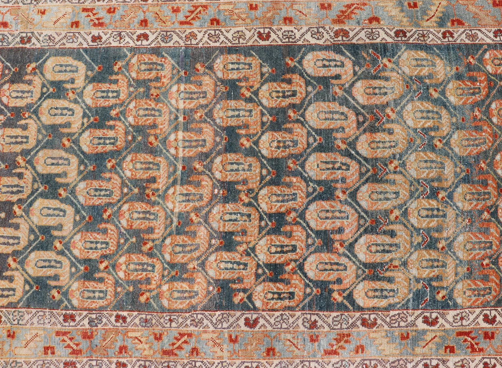 Long Antique Hand-Knotted Persian Malayer Runner in Wool with All-Over Design In Good Condition For Sale In Atlanta, GA