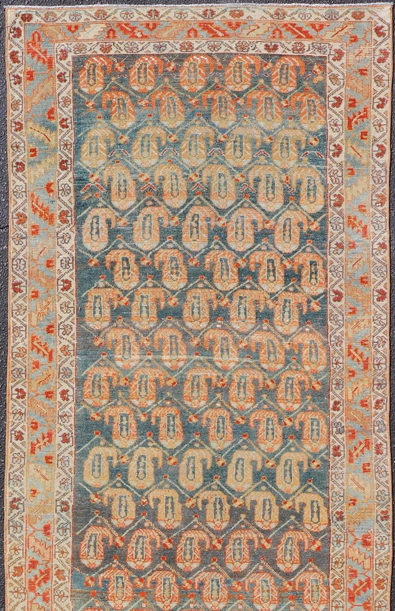 Long Antique Hand-Knotted Persian Malayer Runner in Wool with All-Over Design For Sale 1