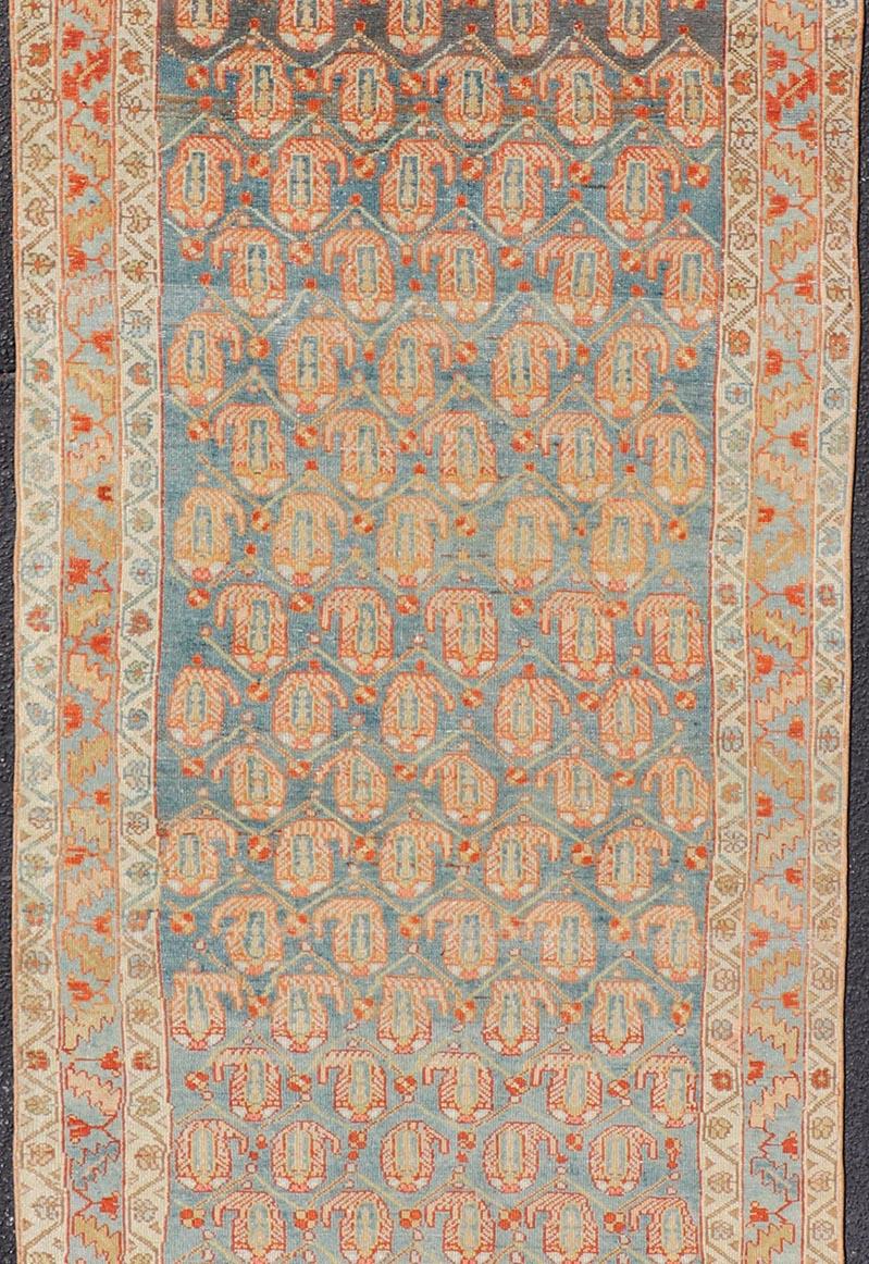 Long Antique Hand-Knotted Persian Malayer Runner in Wool with All-Over Design For Sale 3