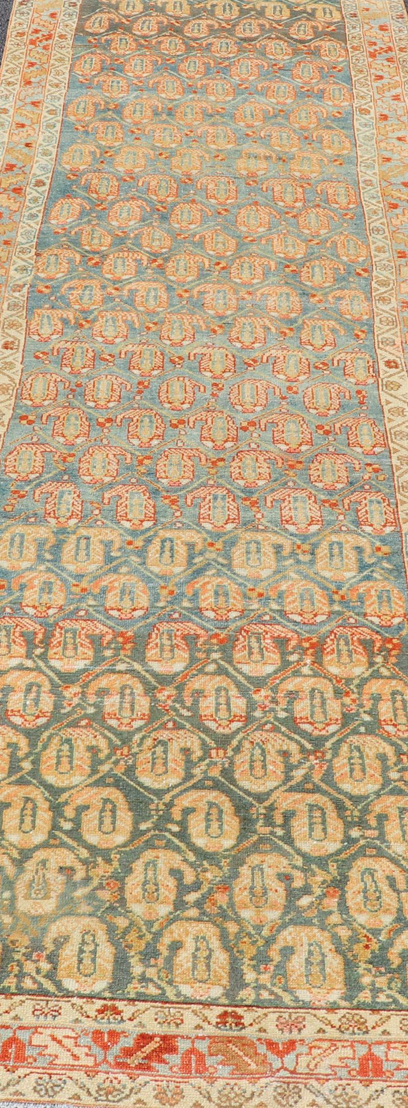 Long Antique Hand-Knotted Persian Malayer Runner in Wool with All-Over Design For Sale 4