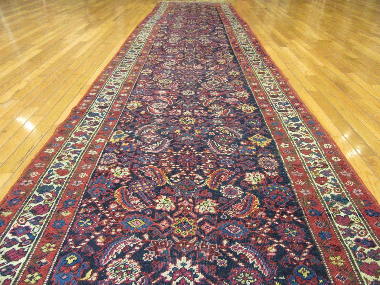 Long Antique Hand Knotted Wool Persian Malayer Runner Rug In Good Condition For Sale In Atlanta, GA