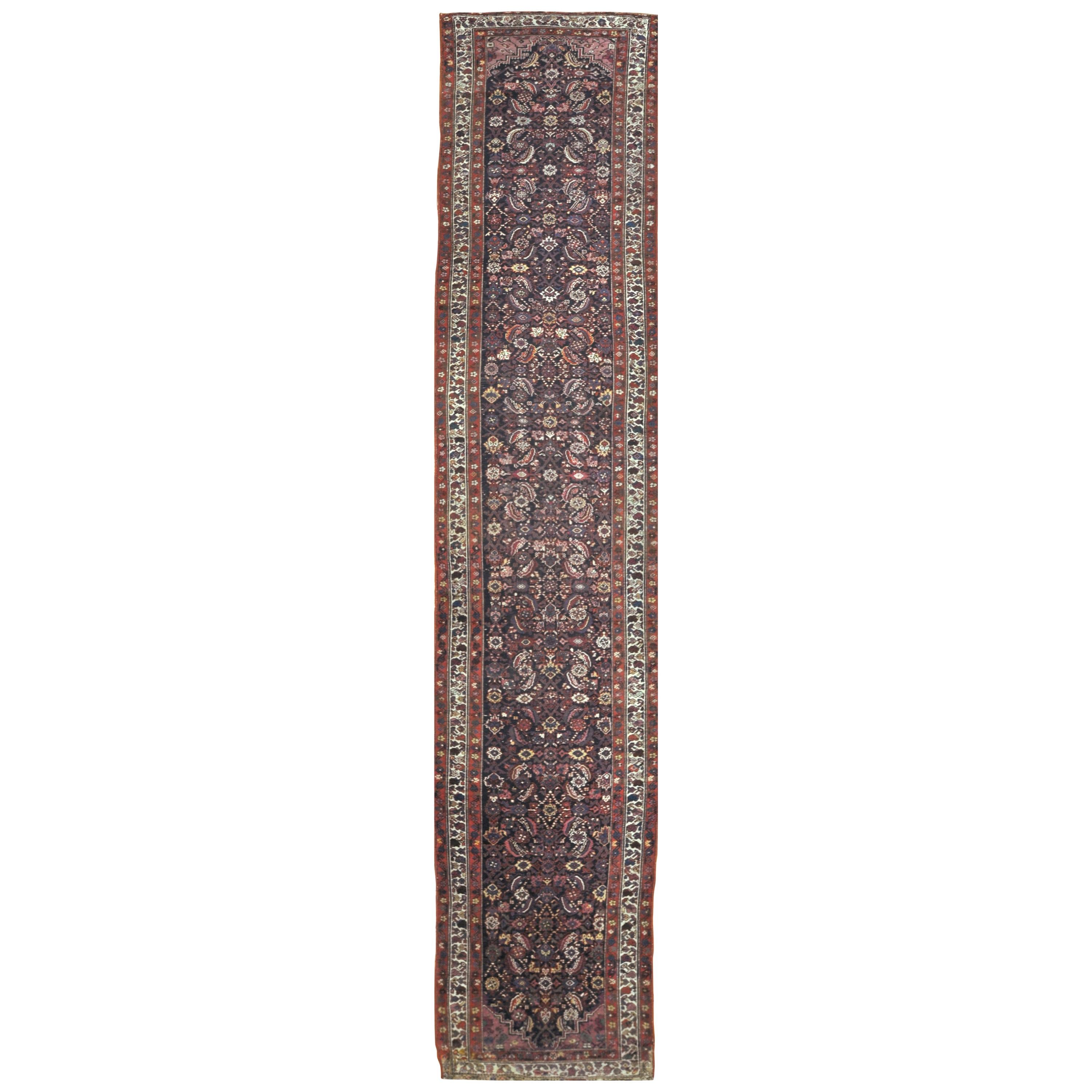 Long Antique Hand Knotted Wool Persian Malayer Runner Rug For Sale