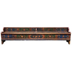 Long Antique Hungarian Pine Storage Bench Hand Painted Folk Art Seat, 1899