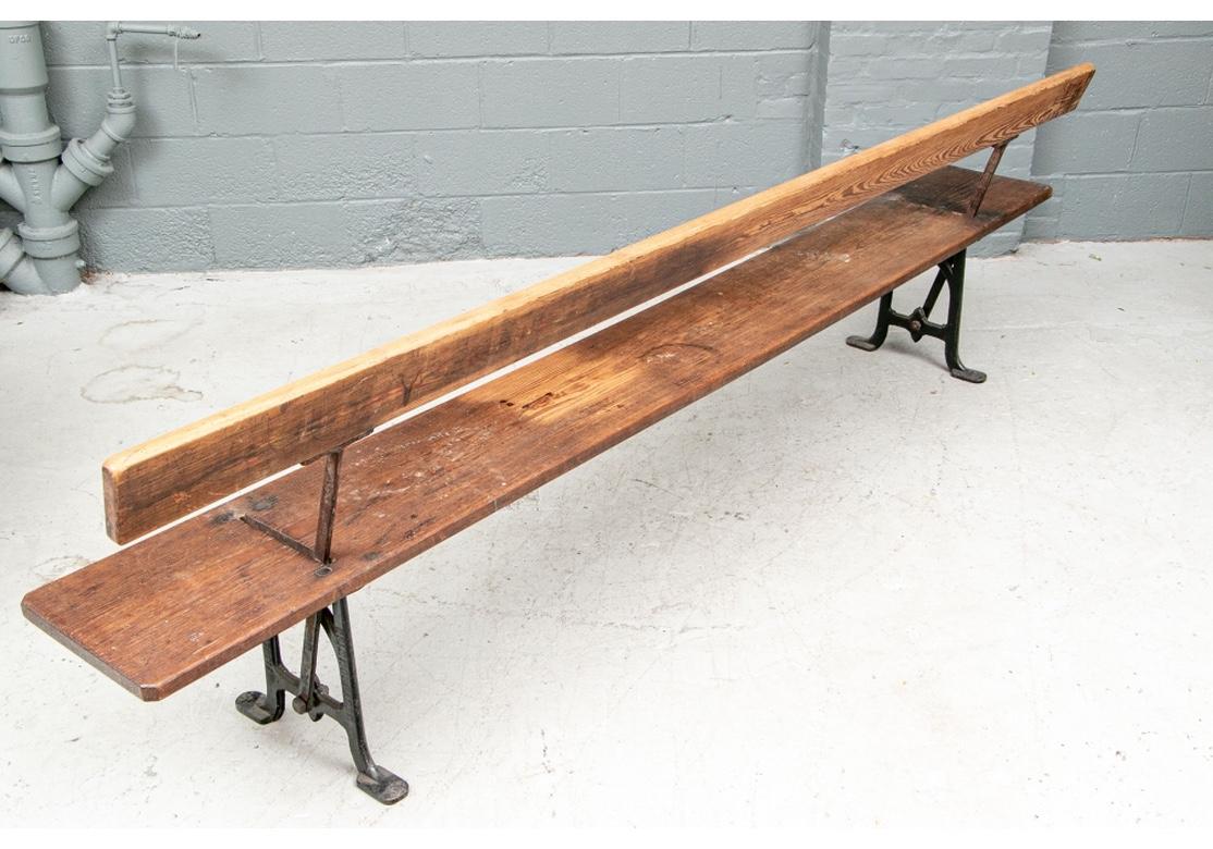 Long Antique Industrial Era Wood and Iron Railway Bench with Reversible Seat 2