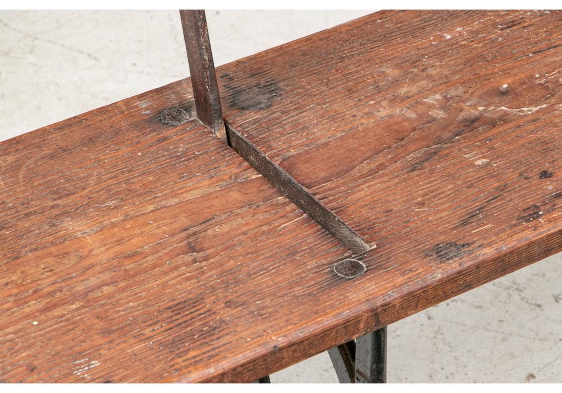 English Long Antique Industrial Era Wood and Iron Railway Bench with Reversible Seat
