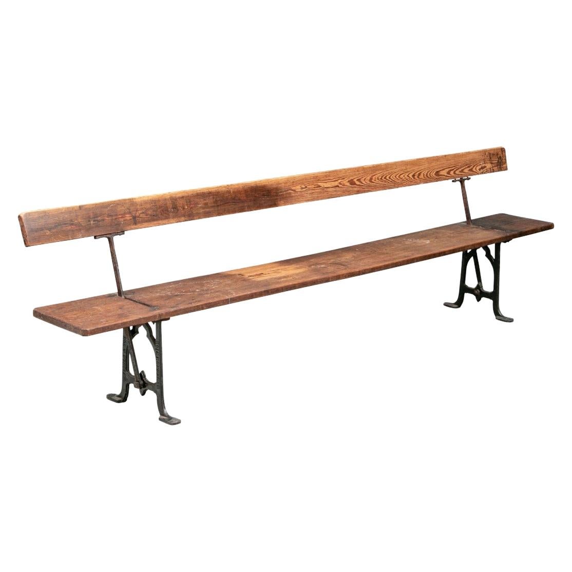 Long Antique Industrial Era Wood and Iron Railway Bench with Reversible Seat