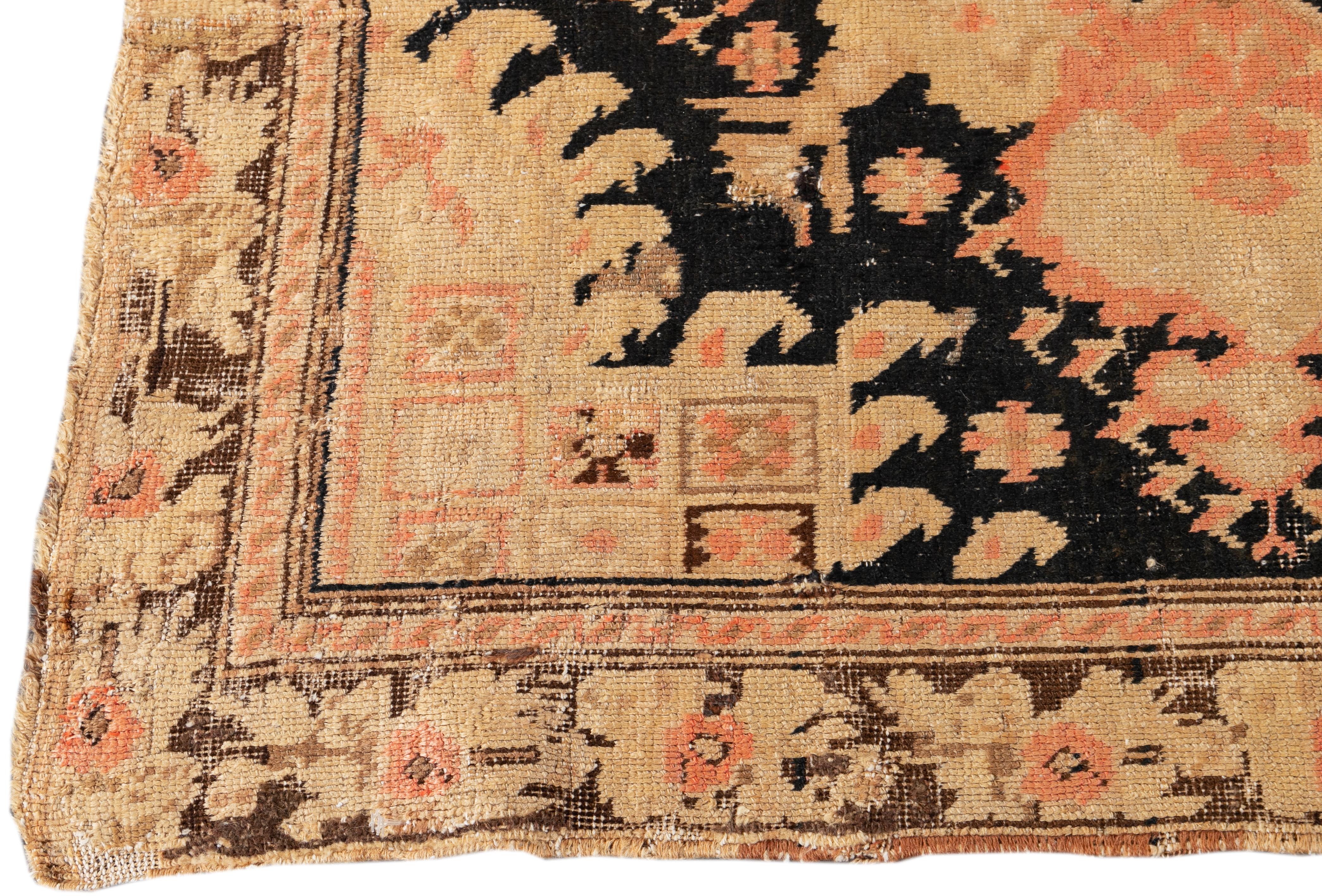 Islamic Long Antique Karabakh Handmade Beige Wool Runner with Medallion Design For Sale