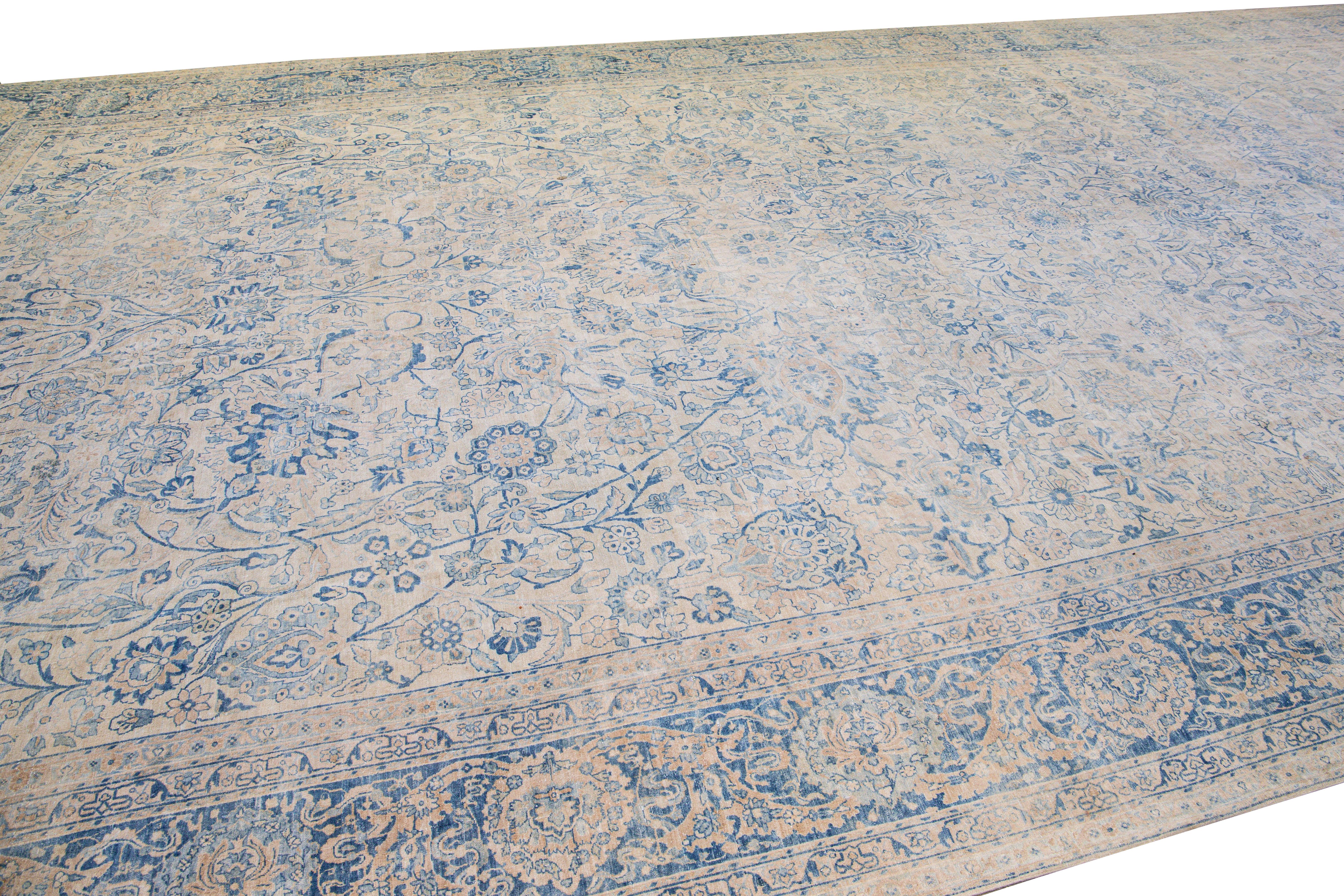 Hand-Knotted Long Antique Kerman Handmade Botanical Oversize Beige and Blue Wool Rug For Sale