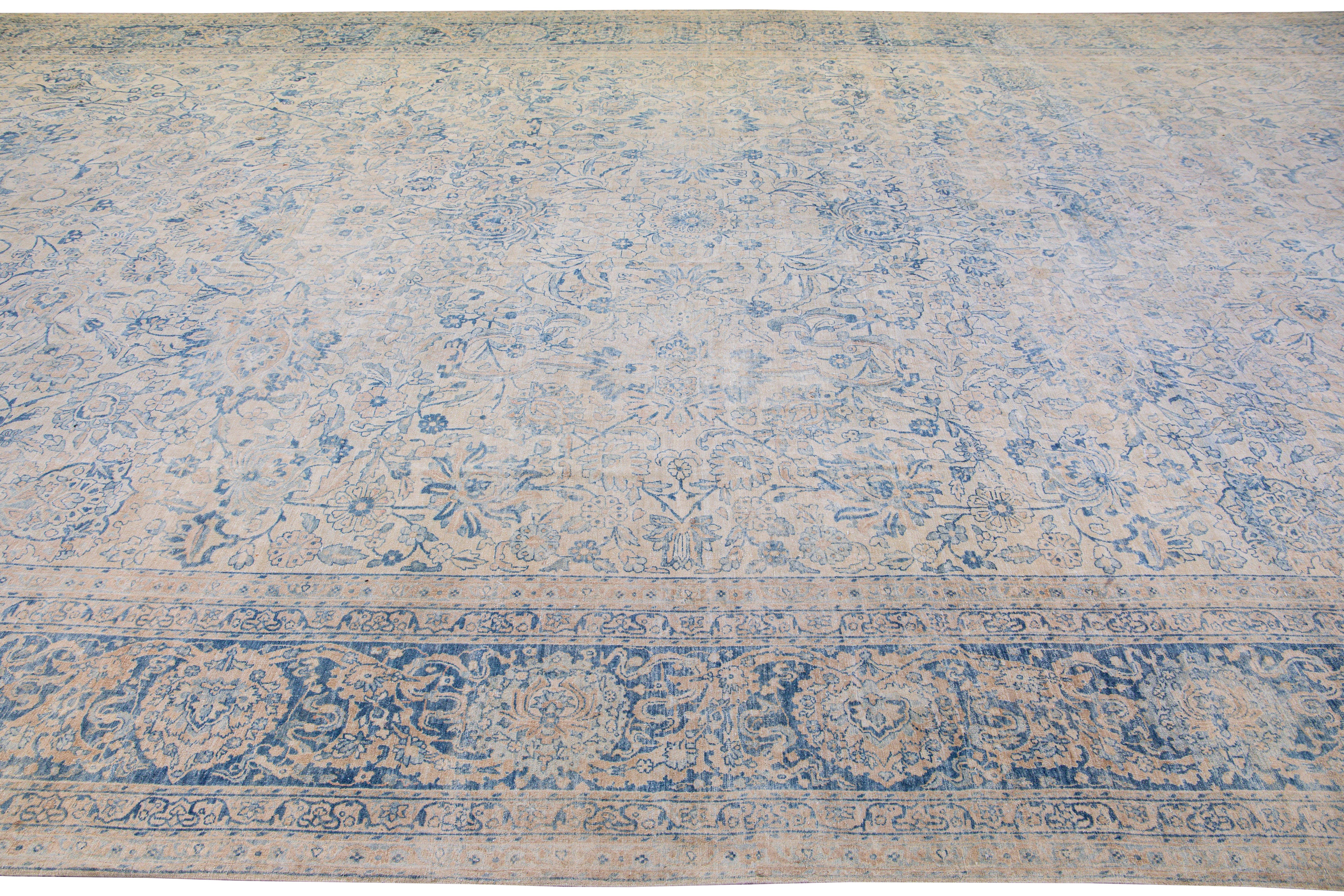 Long Antique Kerman Handmade Botanical Oversize Beige and Blue Wool Rug In Excellent Condition For Sale In Norwalk, CT
