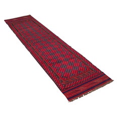 Long Antique Meshwari Runner, Persian, Wool, Kilim, Hallway, Carpet, Circa 1900