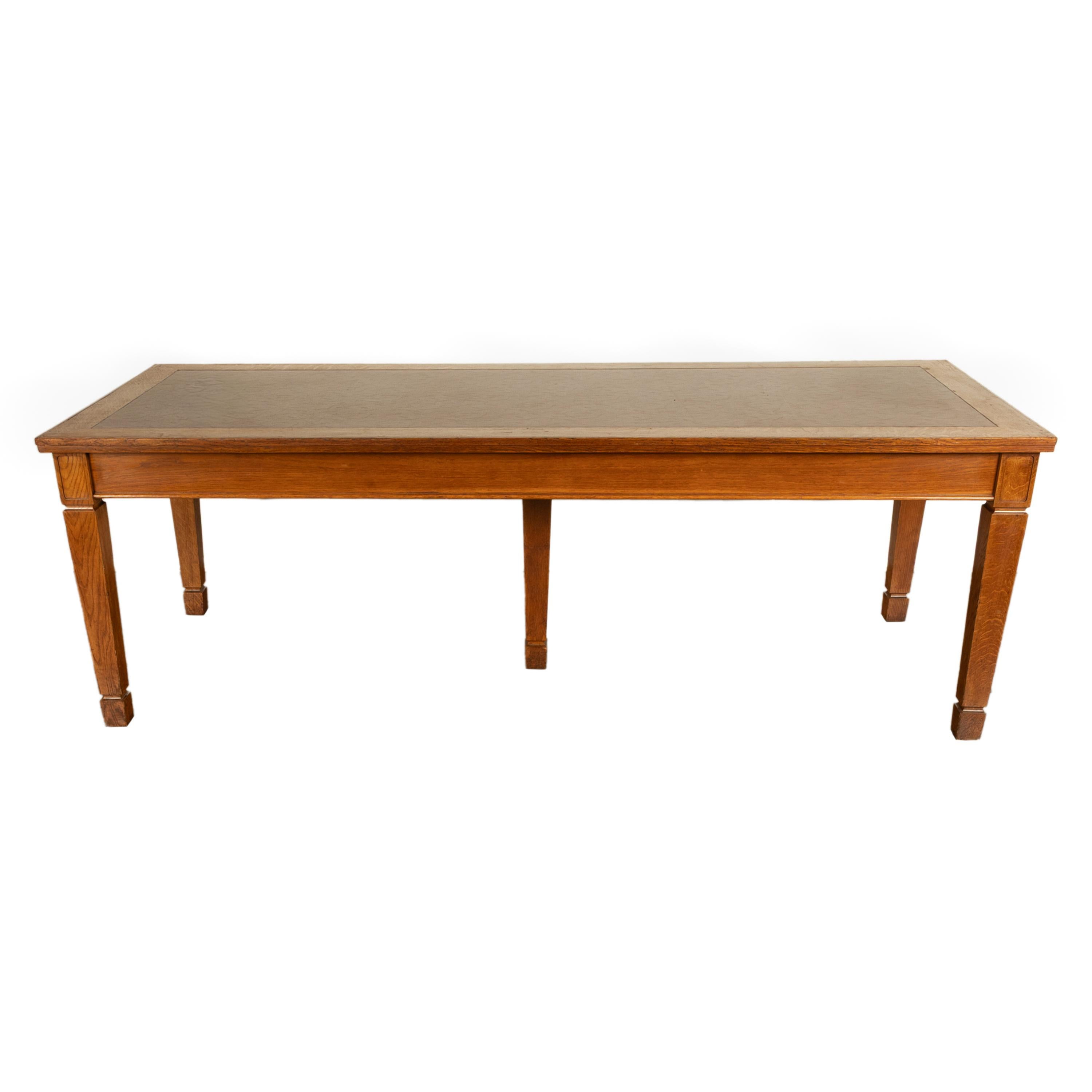 Arts and Crafts Tavolo da pranzo lungo in Oak Arts & Crafts a cinque gambe per biblioteca 1900 in vendita