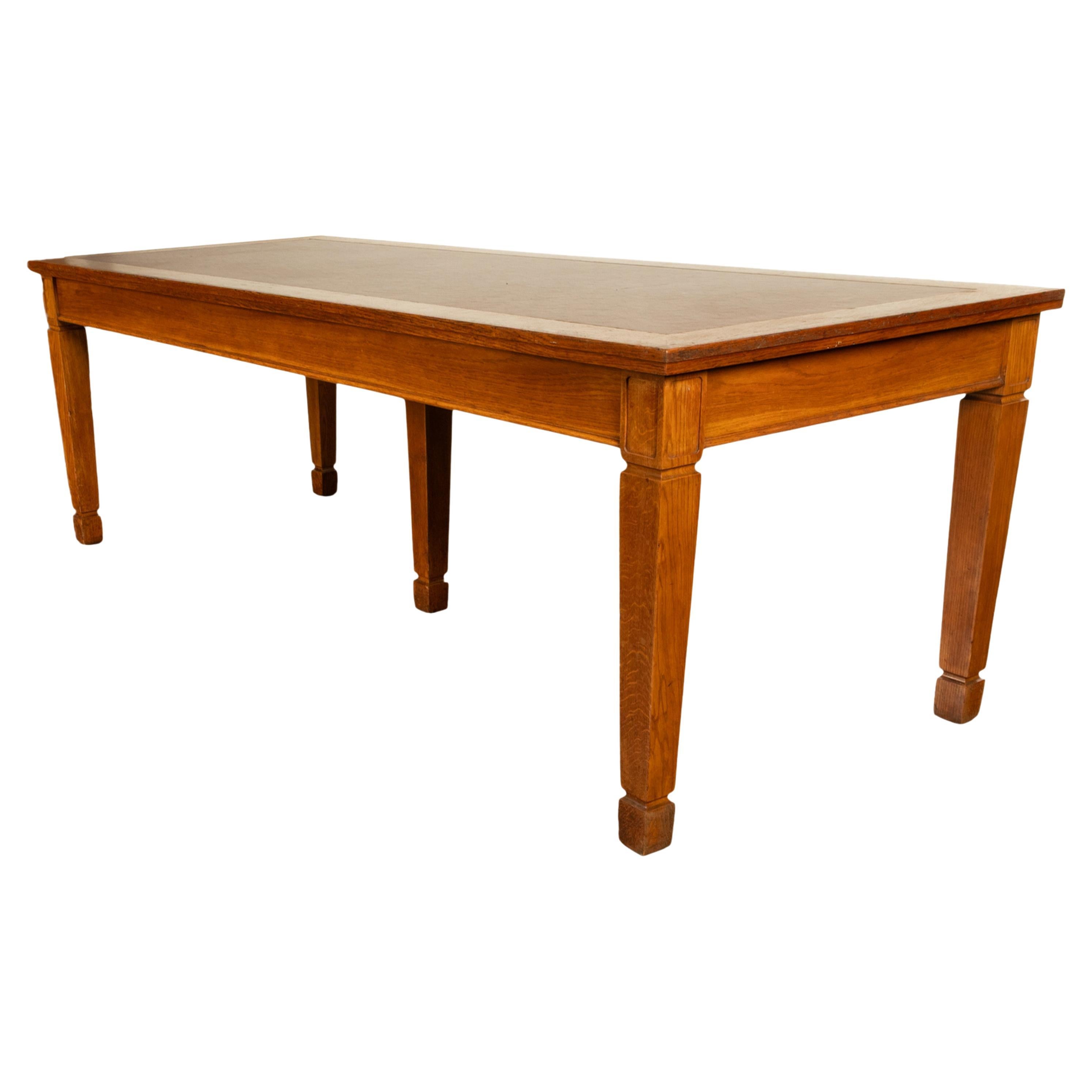 Long Antique Oak Arts & Crafts Five Leg Library Conference Dining Table 1900