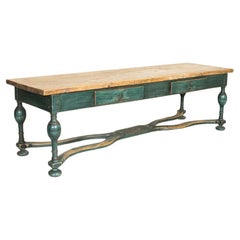 Long Antique Original Green Painted Farm Table Dining Table