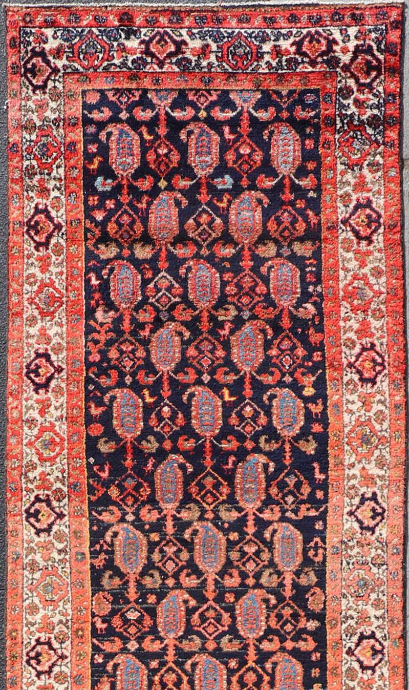 Malayer Long Antique Persian Hamadan Runner with All-Over Sub-Geometric Design For Sale