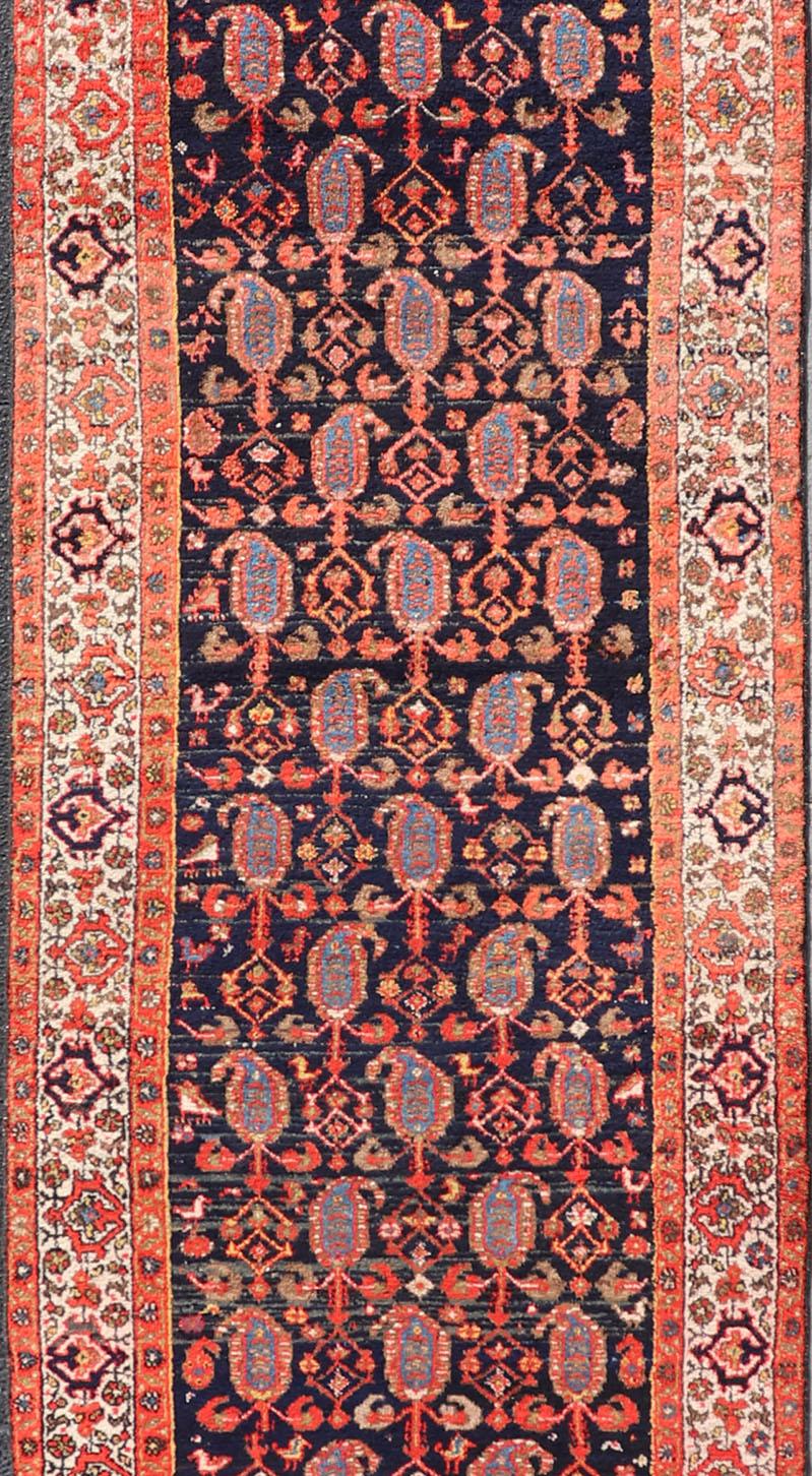 Hand-Knotted Long Antique Persian Hamadan Runner with All-Over Sub-Geometric Design For Sale