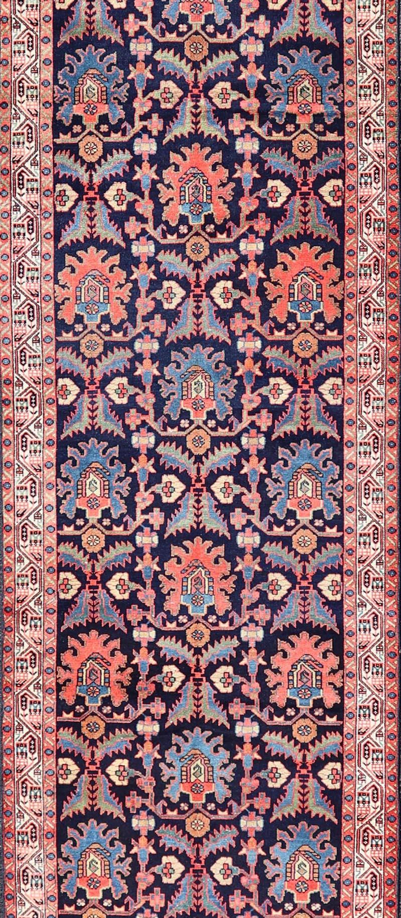 Wool Long Antique Persian Hamadan Runner with All-Over Sub-Geometric Design For Sale
