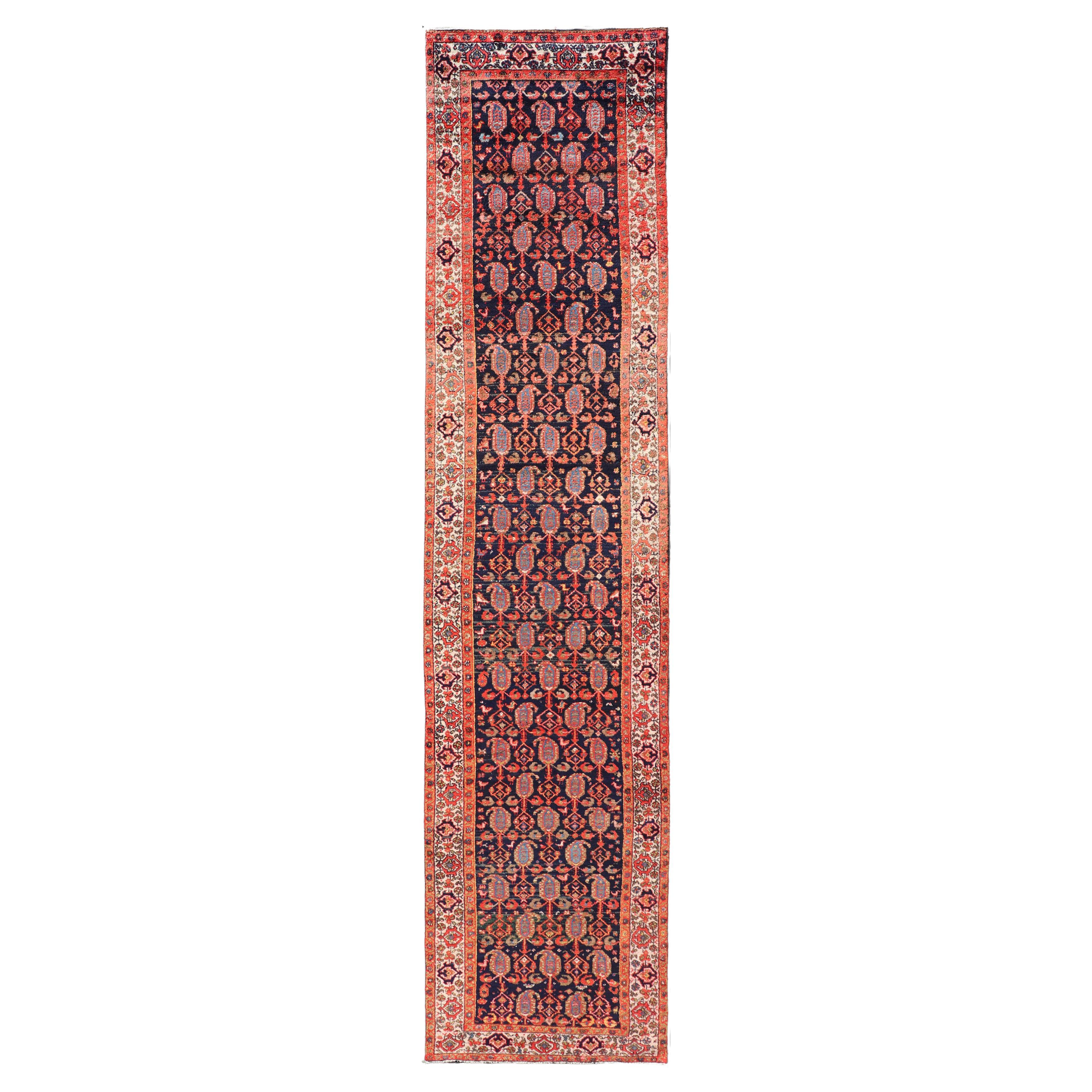 Long Antique Persian Hamadan Runner with All-Over Sub-Geometric Design For Sale