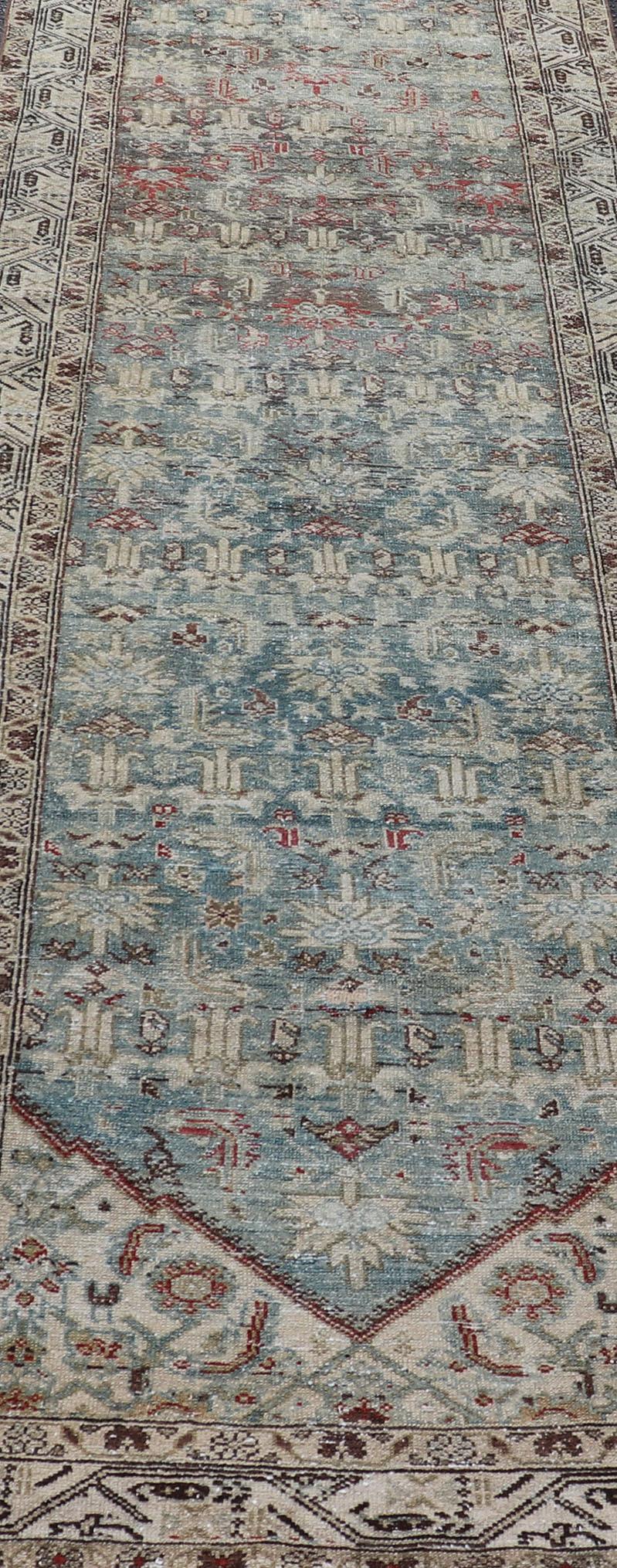 Malayer Long Antique Persian Hamedan Runner with Sub-Geometric Design With Red & Blue's For Sale