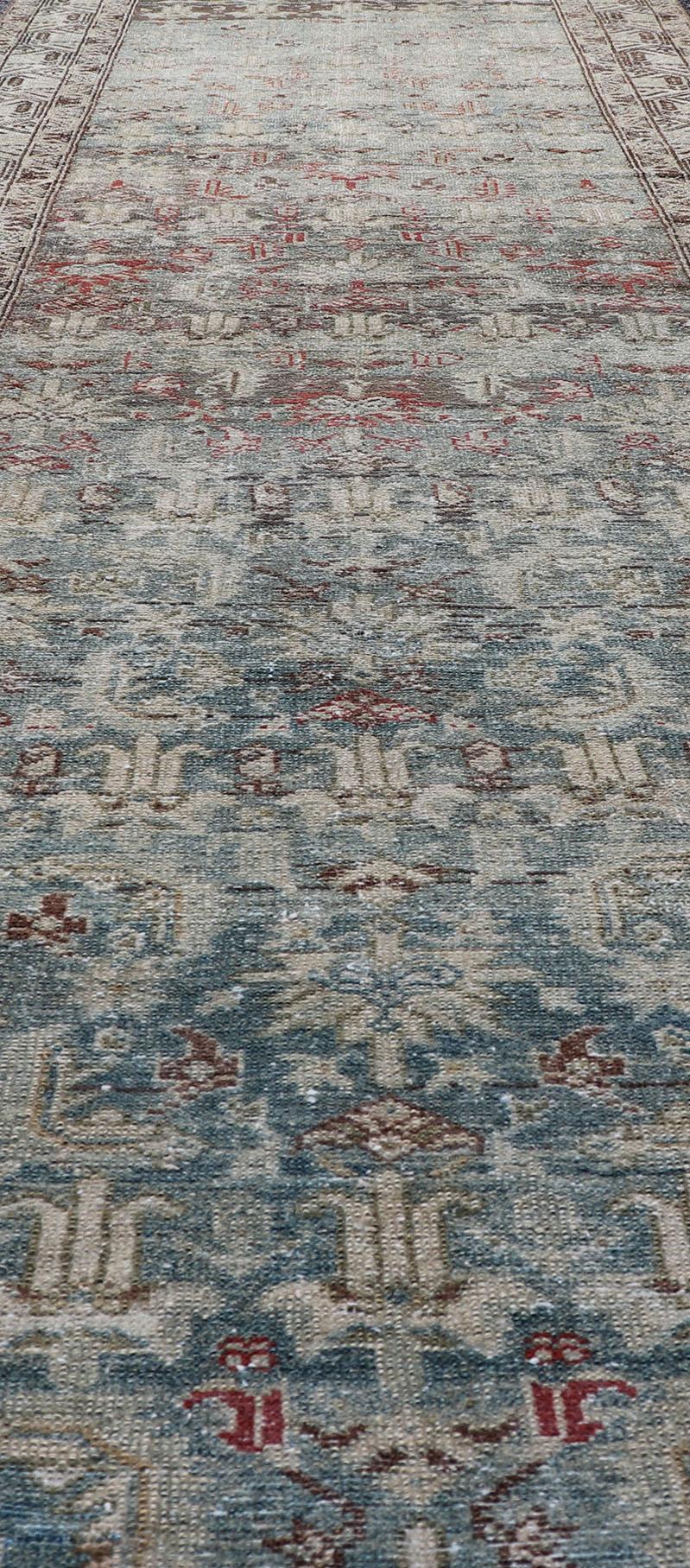 Hand-Knotted Long Antique Persian Hamedan Runner with Sub-Geometric Design With Red & Blue's For Sale