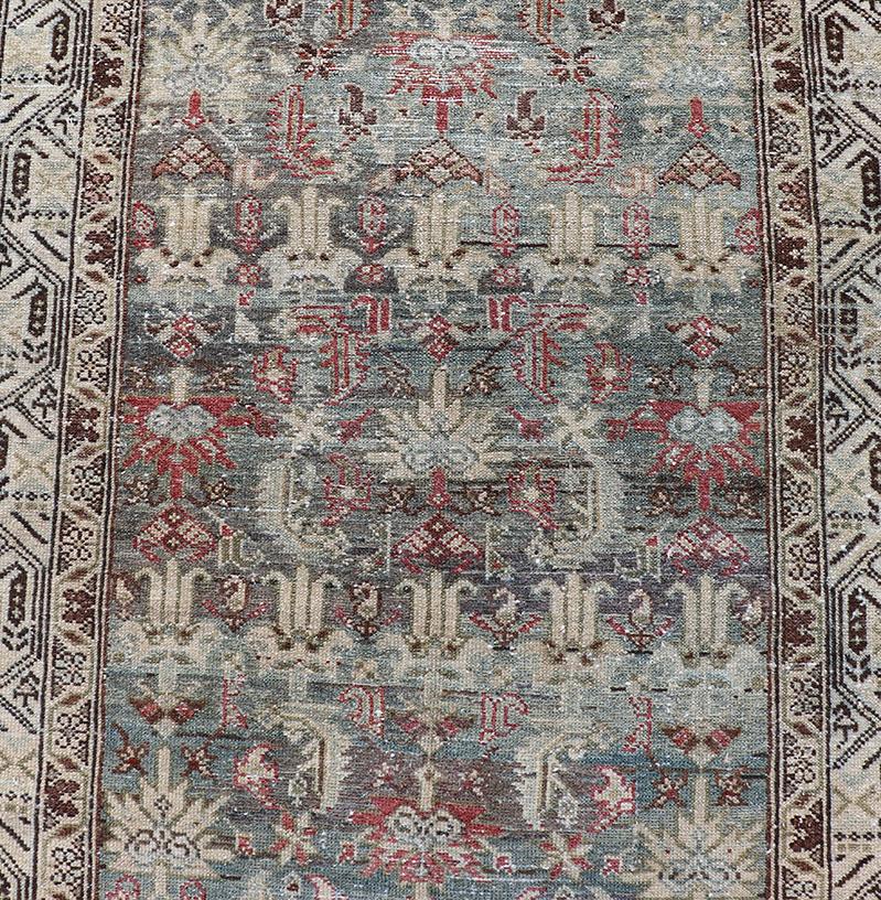 Long Antique Persian Hamedan Runner with Sub-Geometric Design With Red & Blue's In Good Condition For Sale In Atlanta, GA