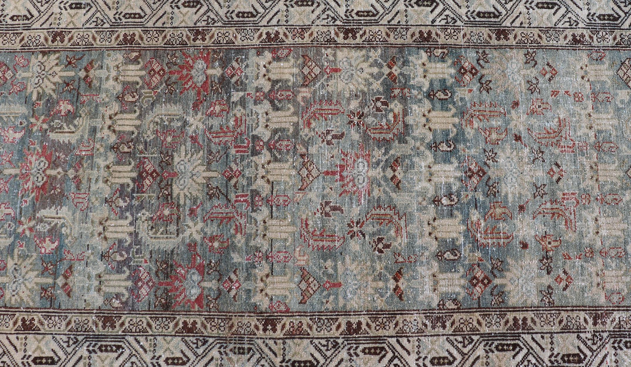 Wool Long Antique Persian Hamedan Runner with Sub-Geometric Design With Red & Blue's For Sale