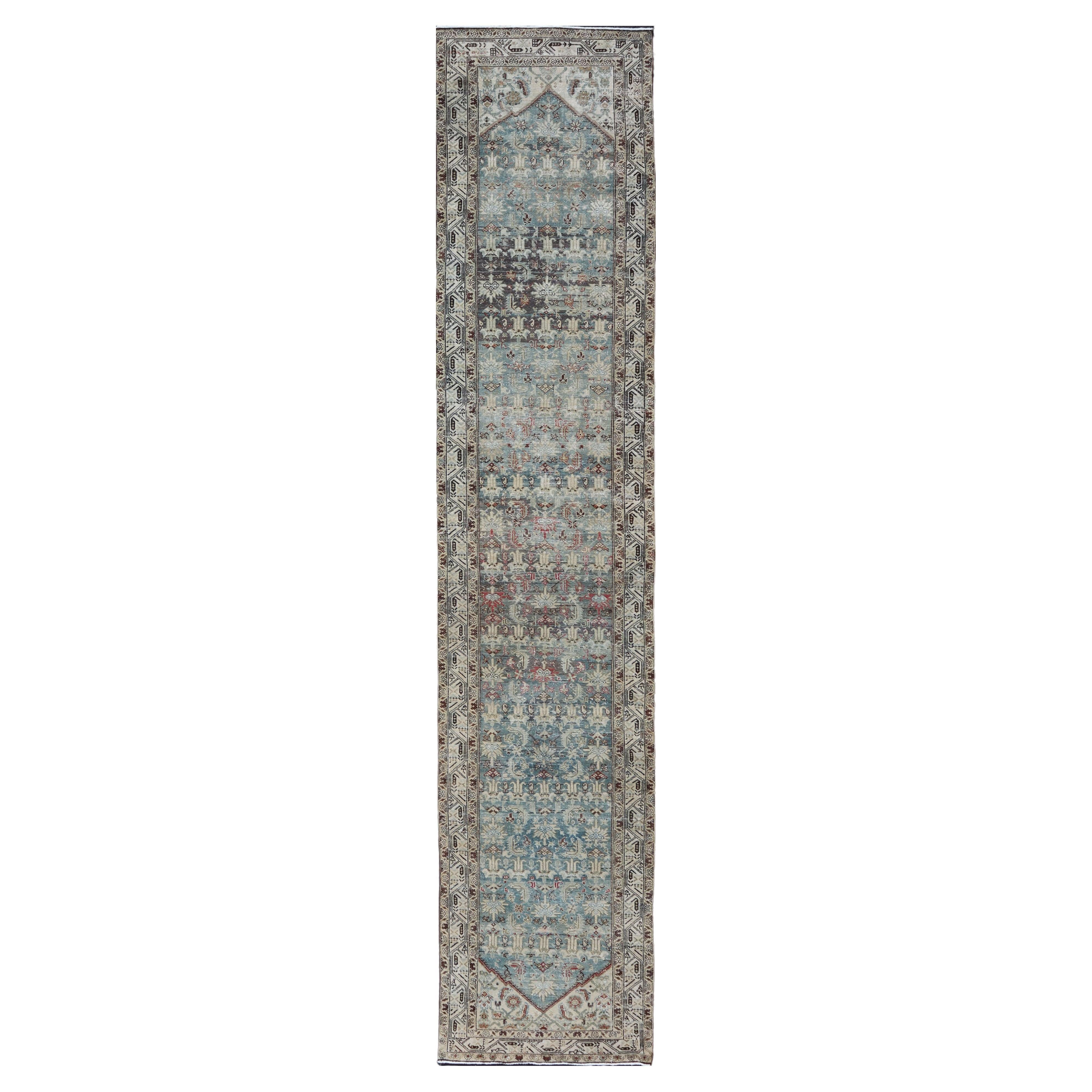 Long Antique Persian Hamedan Runner with Sub-Geometric Design With Red & Blue's For Sale