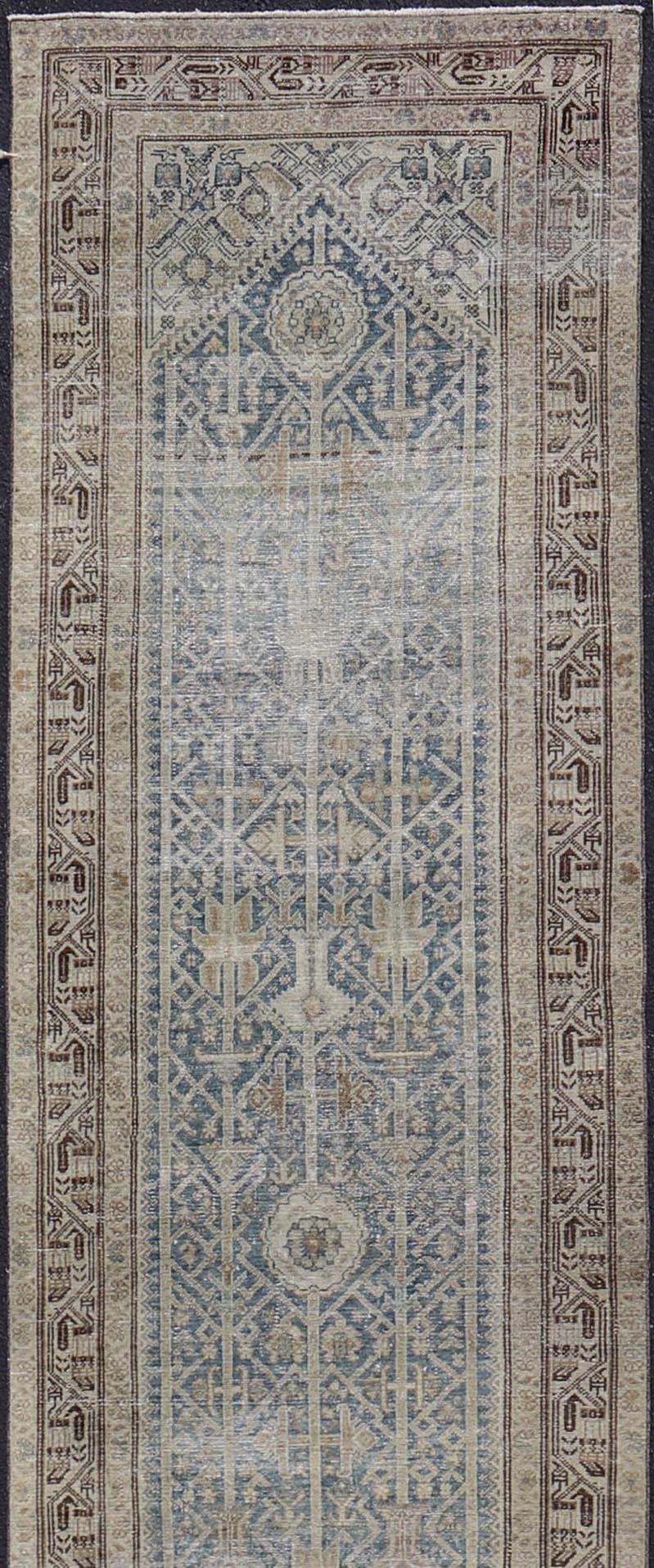 Hand-Knotted Long Antique Persian Malayer Runner in Gray, Blue, Green with All-Over Design For Sale