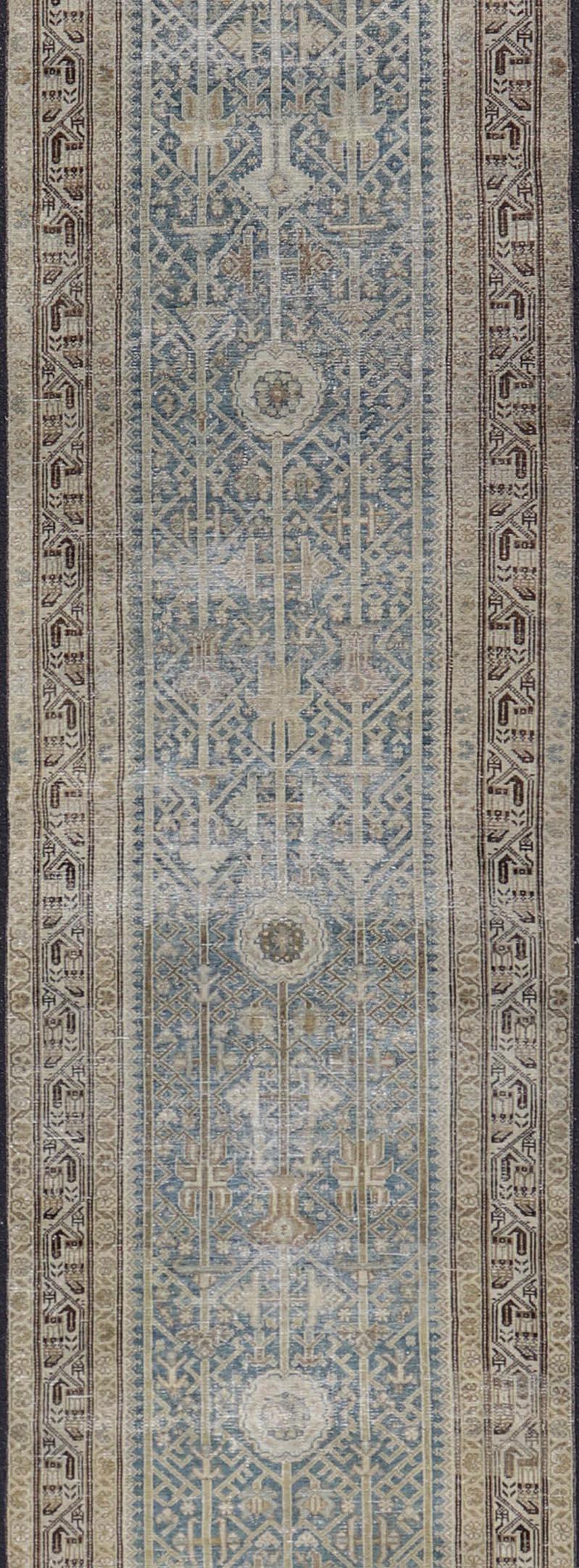 Long Antique Persian Malayer Runner in Gray, Blue, Green with All-Over Design In Good Condition For Sale In Atlanta, GA