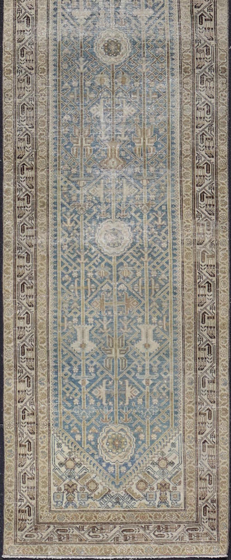 20th Century Long Antique Persian Malayer Runner in Gray, Blue, Green with All-Over Design For Sale