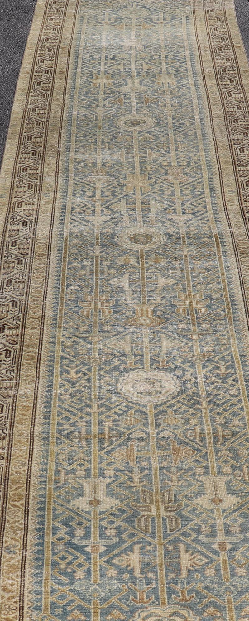 Wool Long Antique Persian Malayer Runner in Gray, Blue, Green with All-Over Design For Sale
