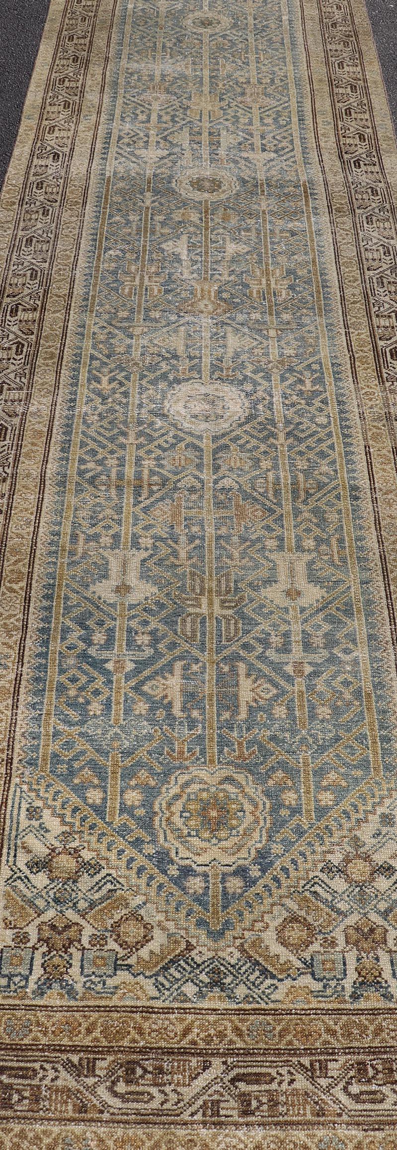 Long Antique Persian Malayer Runner in Gray, Blue, Green with All-Over Design For Sale 1