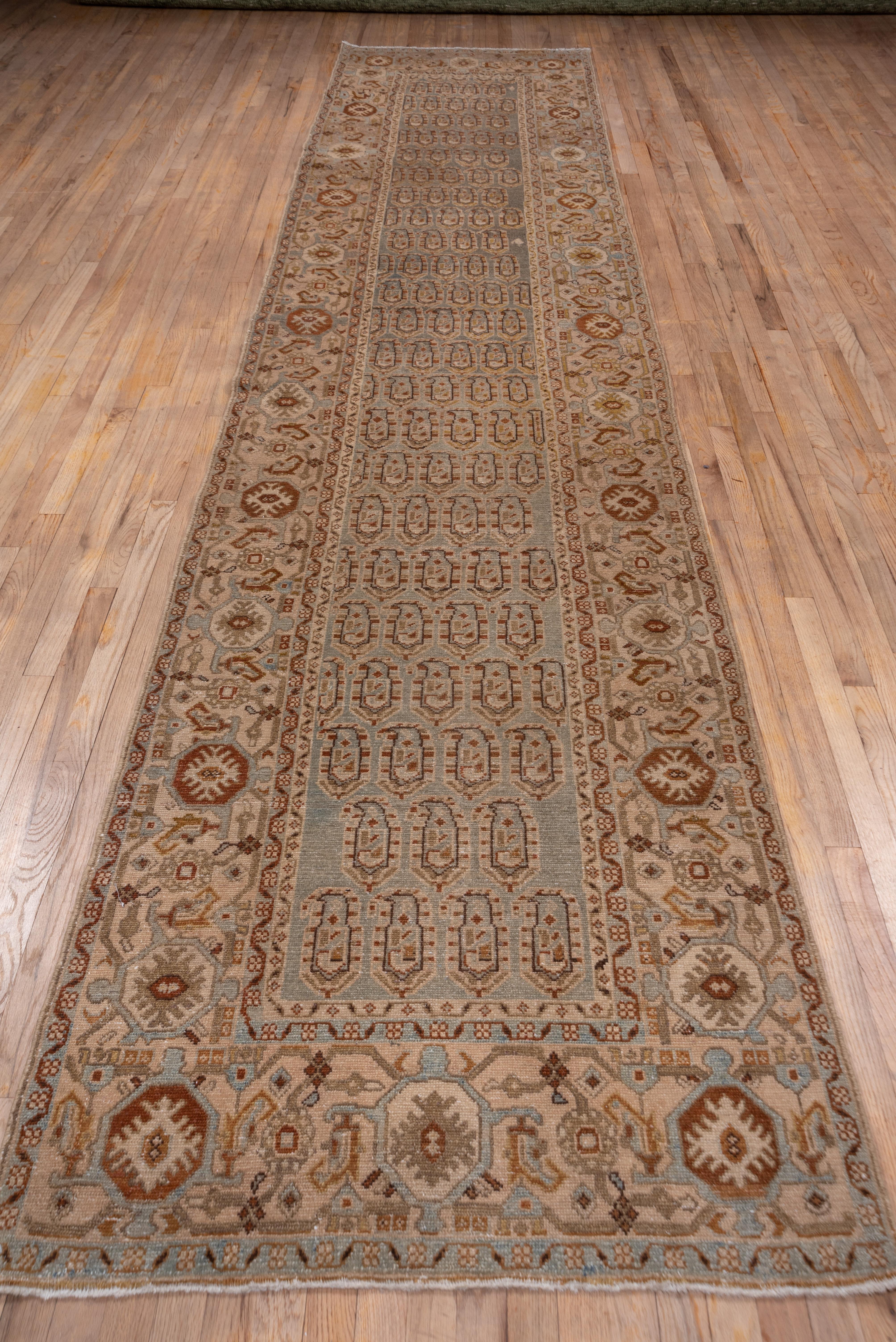 Hand-Knotted Long Antique Persian Malayer Runner, Light Blue Paisley Field, Circa 1930s For Sale
